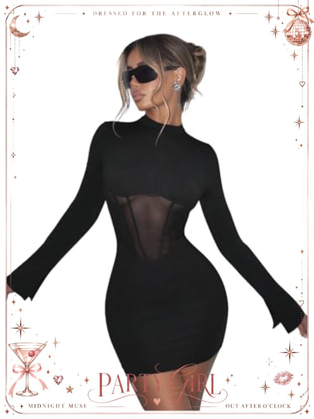 Women's Sexy Open Back Sheer Mesh Long Sleeve Backless Bodycon Mini Dress